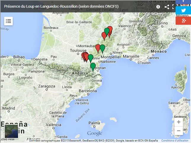 Carte de présence des loups en Languedoc-Roussillon